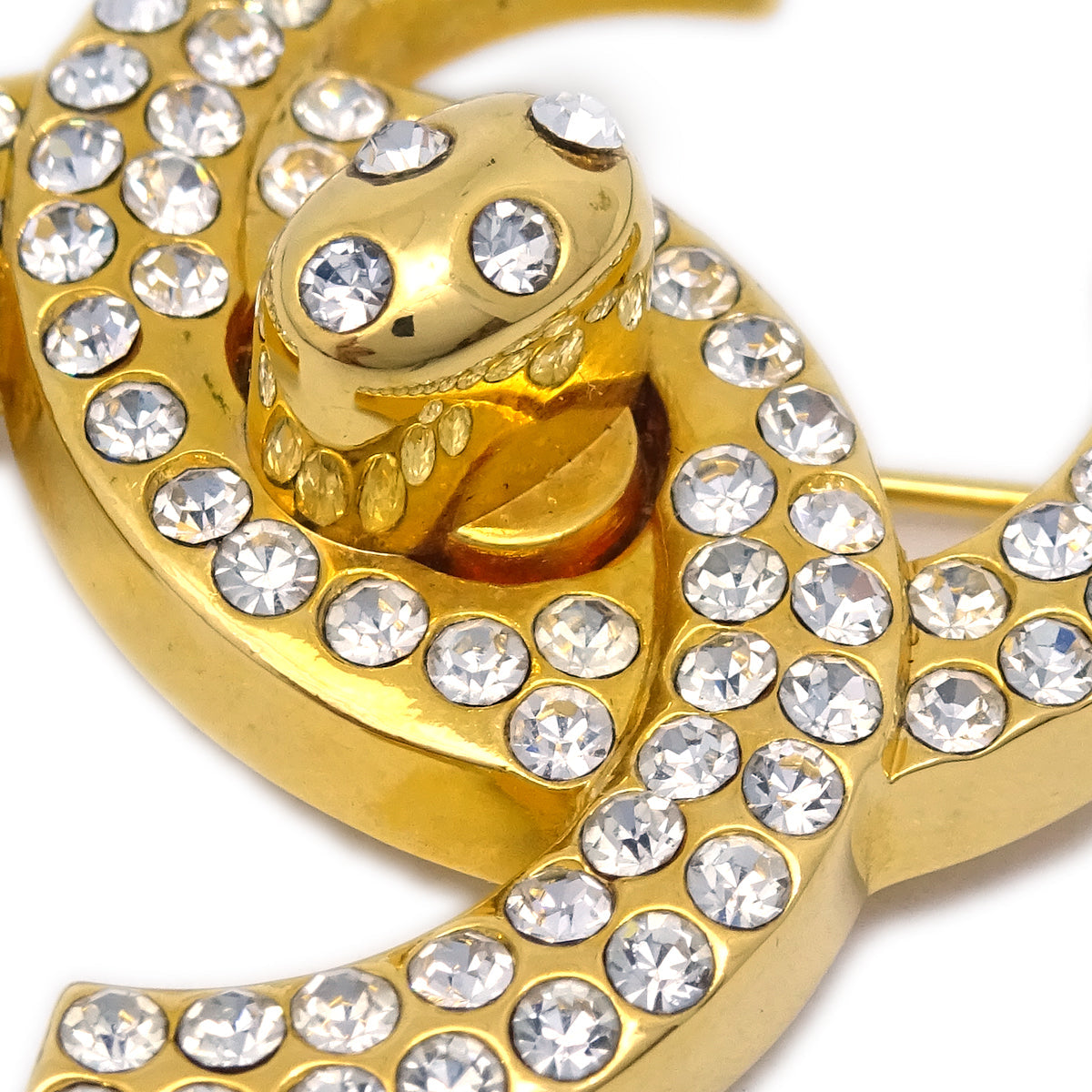 Luxury Chanel CC Turnlock Rhinestone Brooch Pin Gold 96P