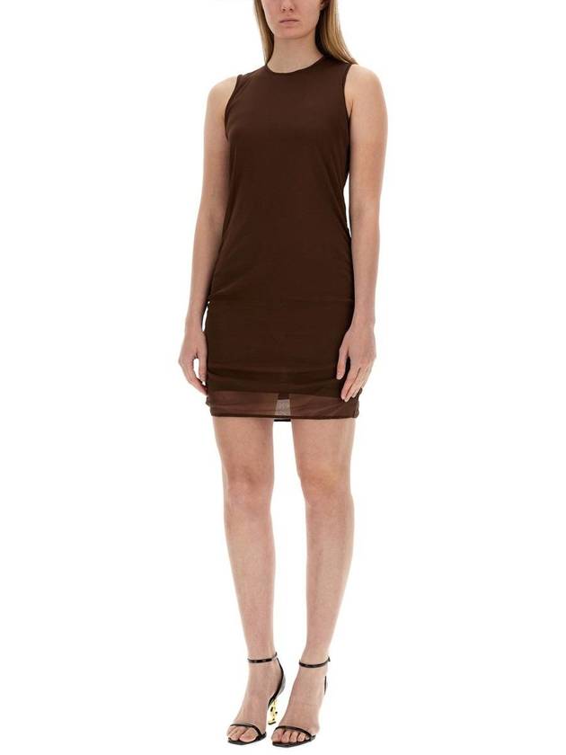 Luxury Saint Laurent Sleeveless Tulle Short Dress Brown