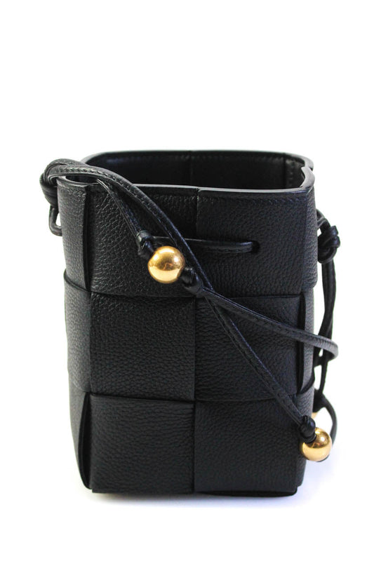 Luxury Bottega Veneta Women Mini Cassette Intrecciatto Leather Bucket Bag Handbag Black