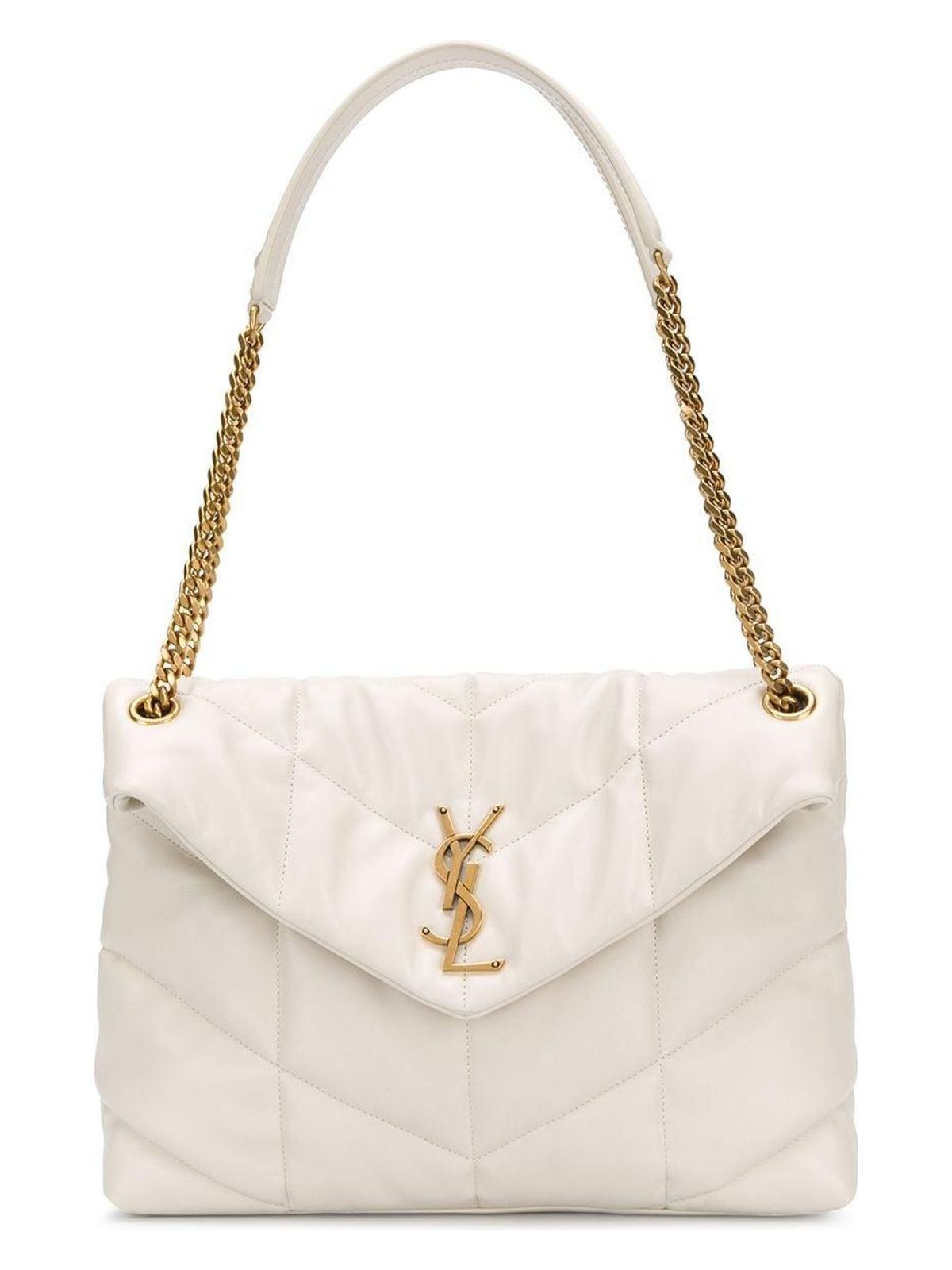 Luxury Saint Laurent Women's Puffer Logo Plaque Shoulder Bag in Crema Soft | 5774751EL079207