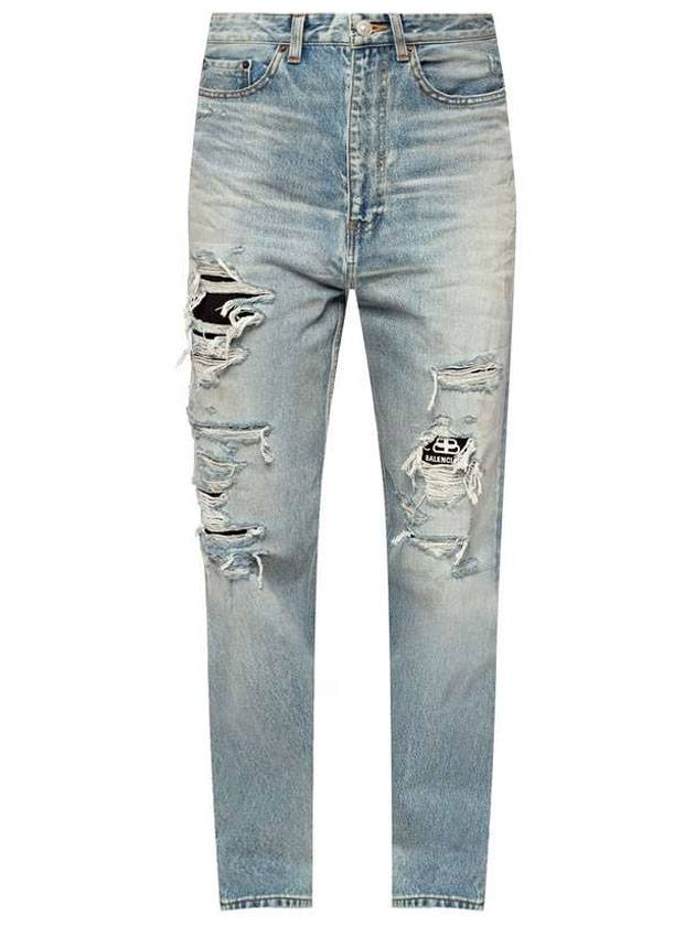 Luxury Balenciaga WoMen's Distressed Denim Straight Jeans Vintage Blue