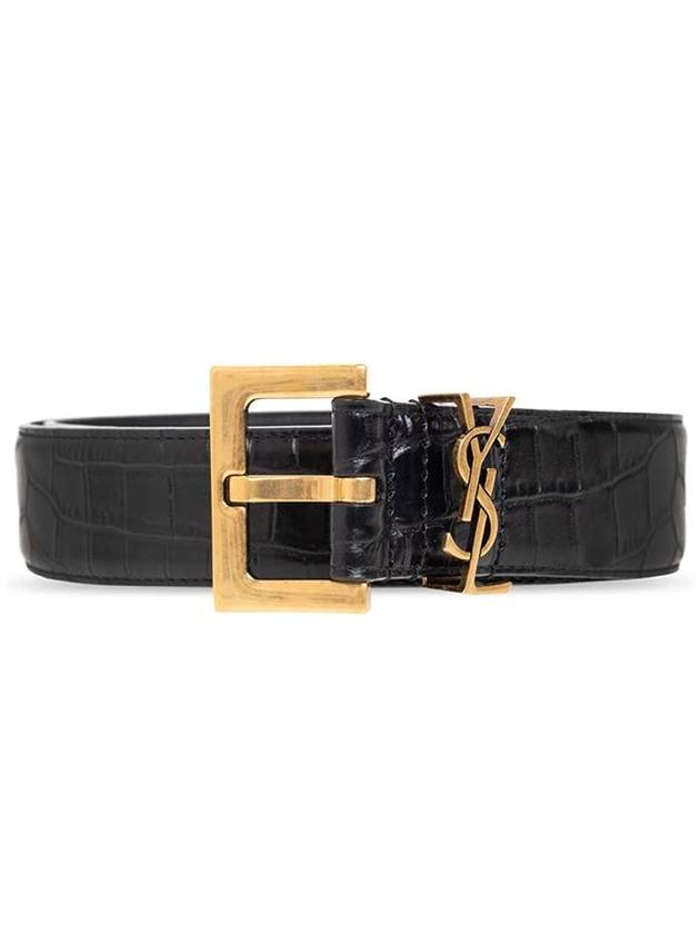 Luxury Saint Laurent Cassandra Square Crocodile Leather Buckle Belt Black