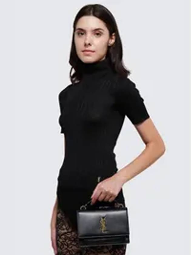 Luxury Saint Laurent Rib Silk Monogram Short Sleeve Turtleneck Black