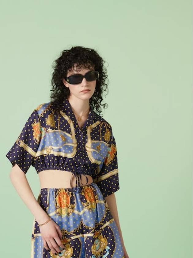 Luxury Gucci Trending 2025 Polka Dot Cropped Silk Shirt Blue