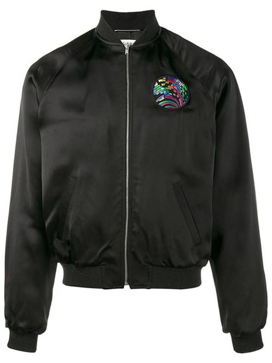 Luxury Saint Laurent Shark Patch Satin Bomber Jacket Black