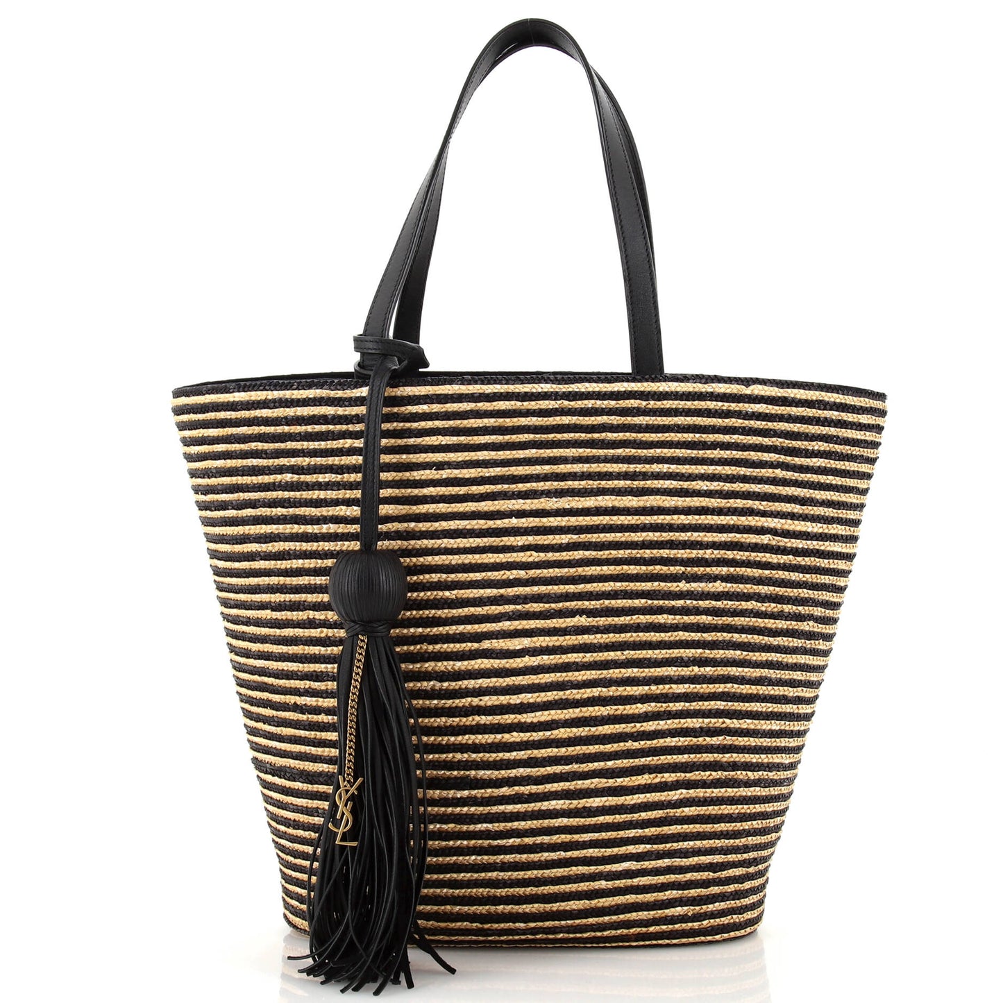 Luxury Saint Laurent Panier Tassel Basket Tote Striped Raffia Small