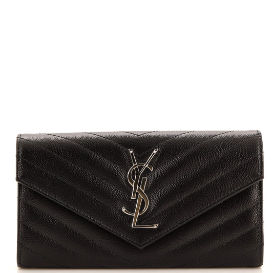 Luxury Saint Laurent Classic Monogram Flap Wallet Matelasse Chevron Leather Large