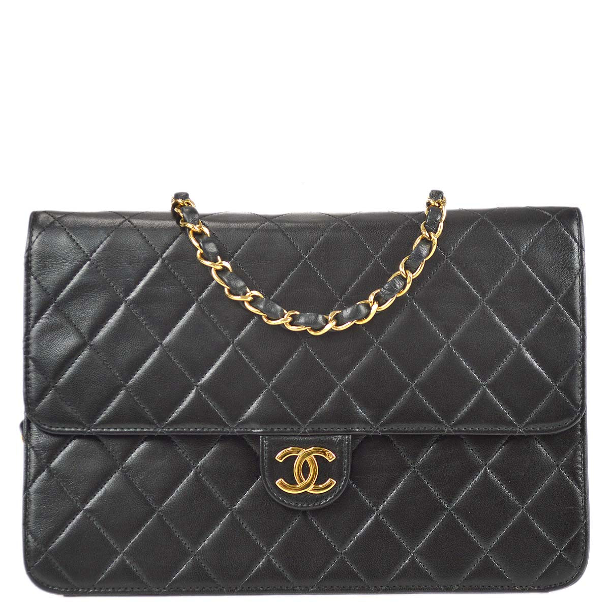 Luxury Chanel 1997-1999 Black Lambskin Medium Pushlock Half Flap