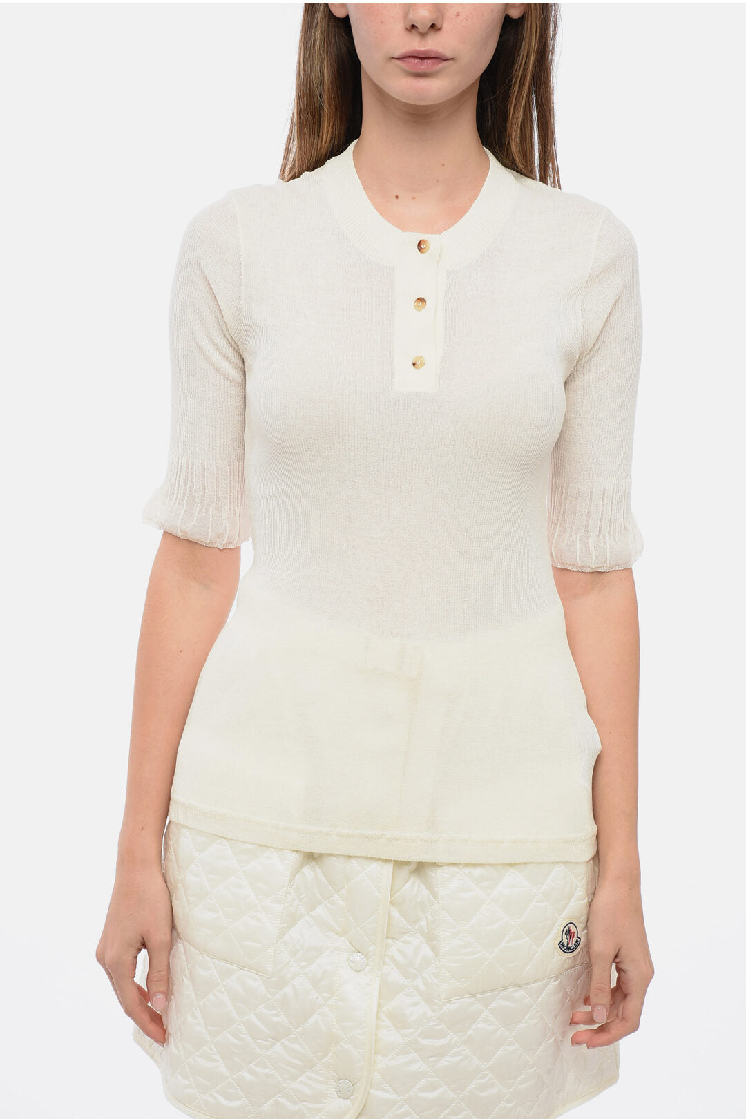 Luxury Bottega Veneta Buttoned Neck T-Shirt with Ruffled Sleeves