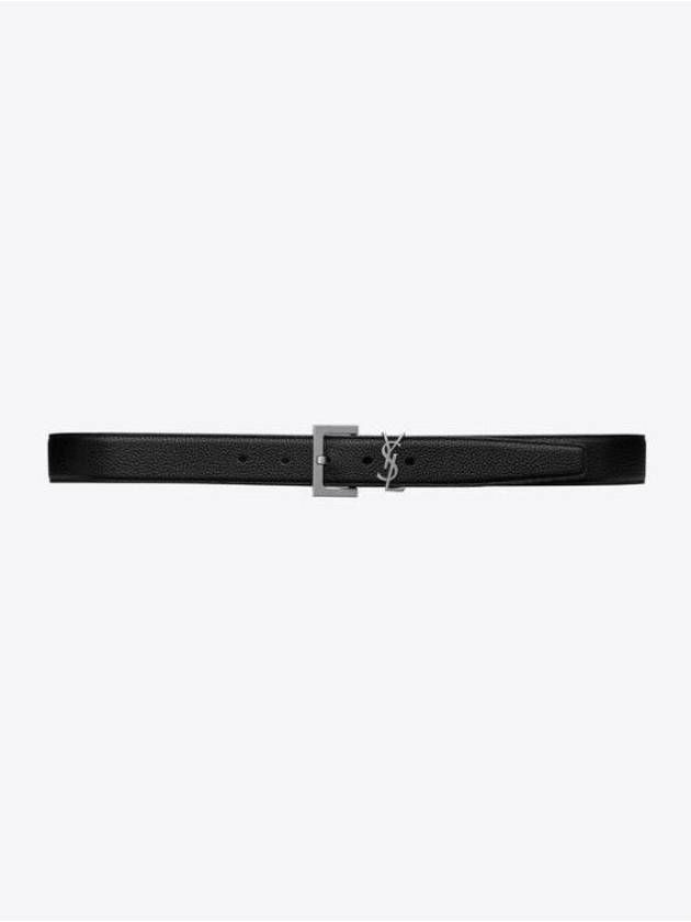 Luxury Saint Laurent Grained Leather Silver Monogram Belt Black