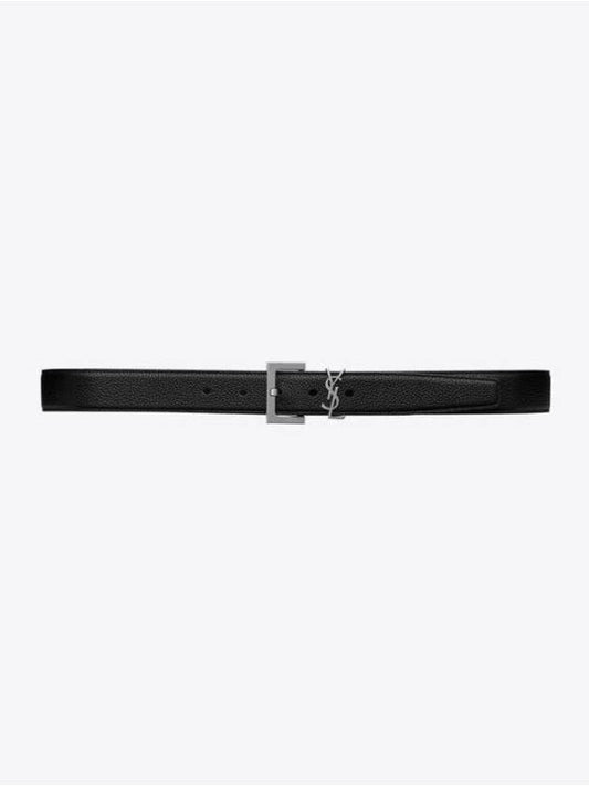 Luxury Saint Laurent Grained Leather Silver Monogram Belt Black