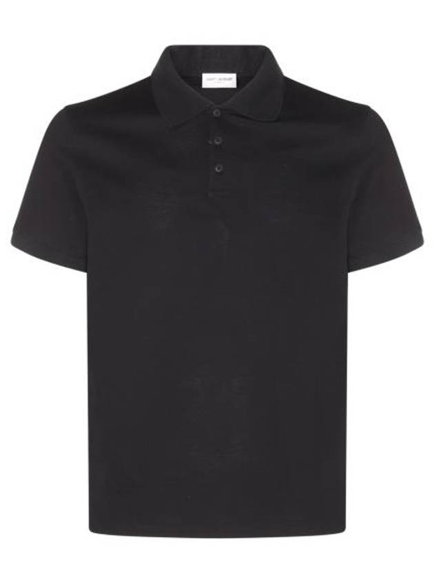 Luxury Saint Laurent Men's Monogram Cotton Short Sleeve Polo Shirt Black