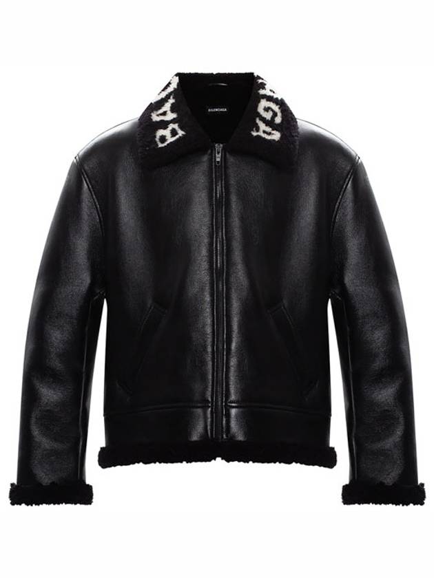 Luxury Balenciaga Logo Shearling Collar Leather Jacket Black