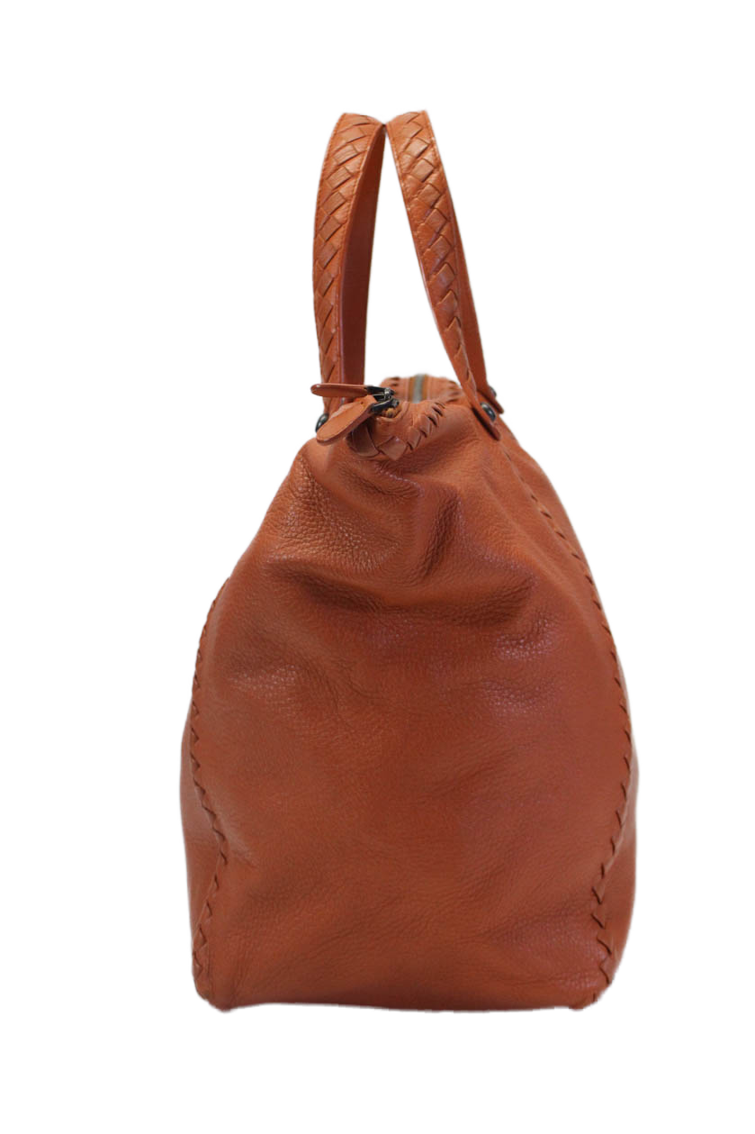 Luxury Bottega Veneta Womens Pumpkin Leather Cervo Ottone Tote Shoulder Bag Handbag