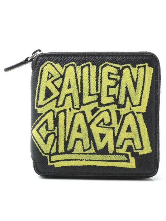 Luxury Balenciaga Paris Gravity Logo Leather Zipper Half Wallet Black