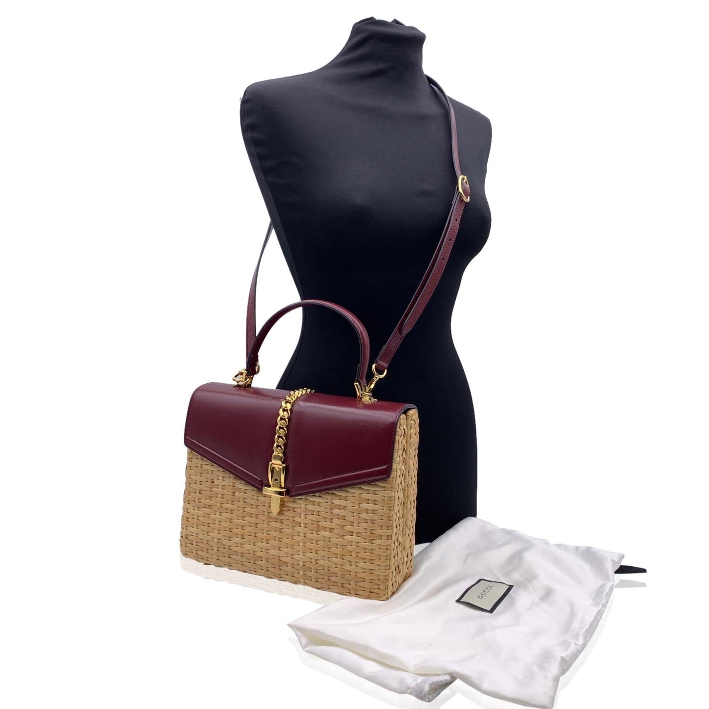 Luxury Gucci Trending 2025 Burgundy Leather Wicker 2 Way Sylvie Small Shoulder Bag