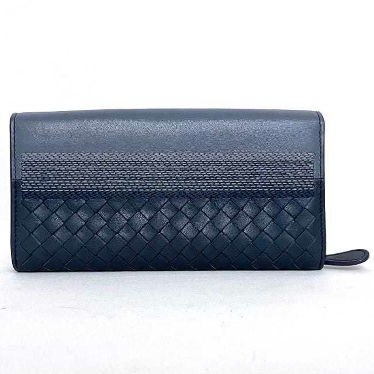 Luxury Bottega Veneta Intrecciato blue  Leather Long Wallet (Bi-Fold) ()