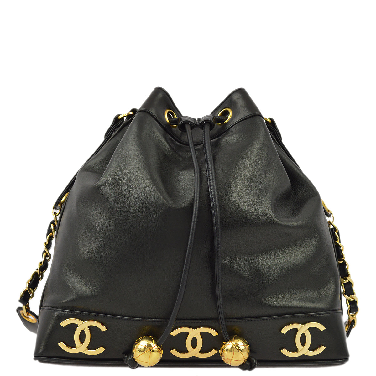 Luxury Chanel Black Lambskin Triple CC Bucket Shoulder Bag