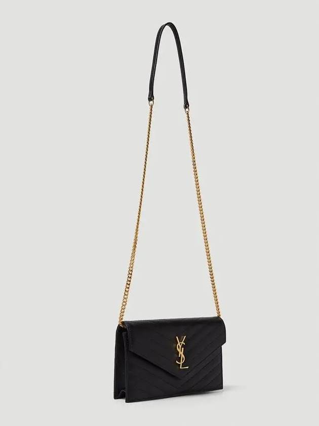 Luxury Saint Laurent Grain De Poudre Embossed Envelope Chain Long Wallet Black
