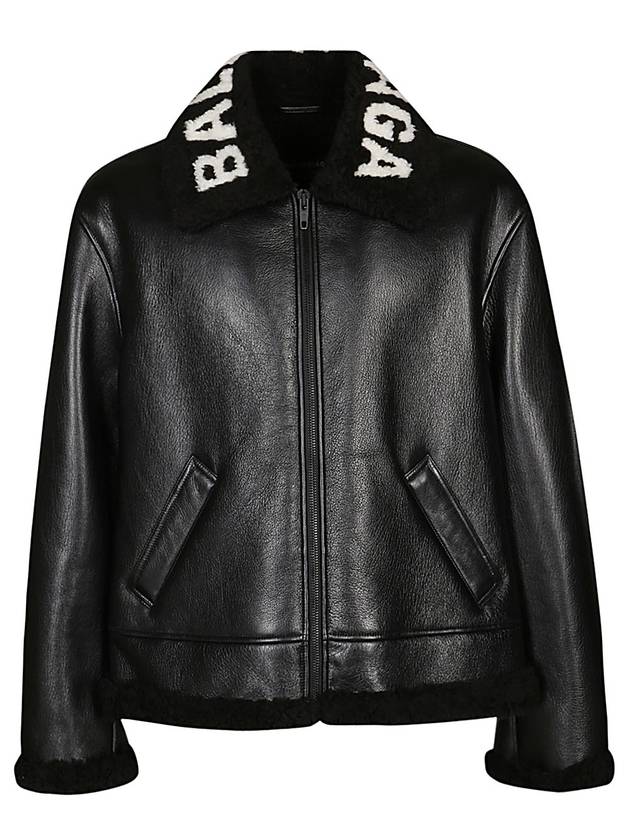 Luxury Balenciaga Logo Shearling Collar Leather Jacket Black
