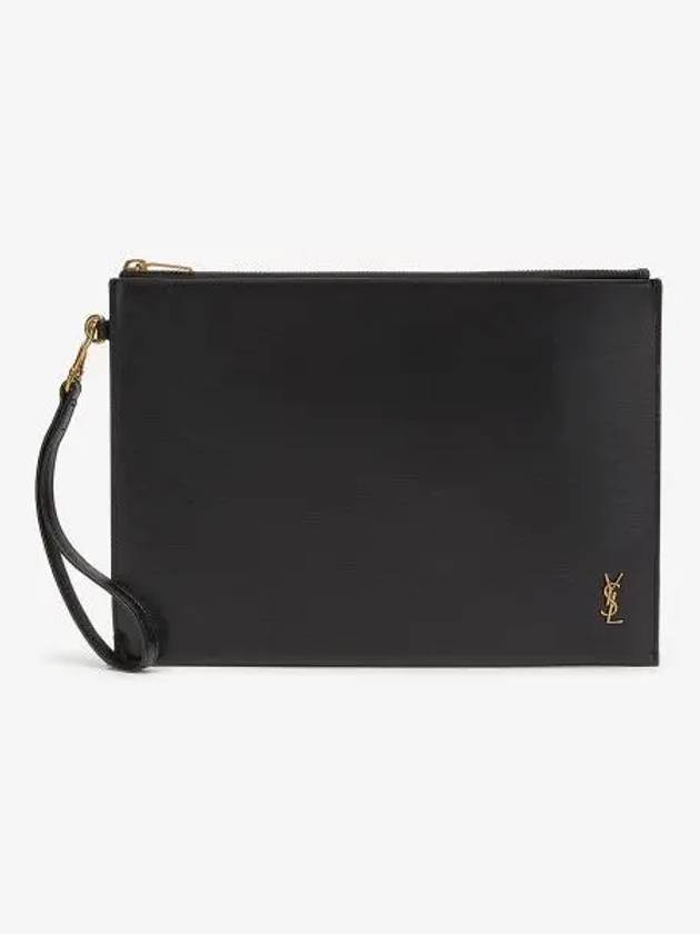 Luxury Saint Laurent Tiny Cassandre Shiny Leather Zip Tablet Clutch Bag Black