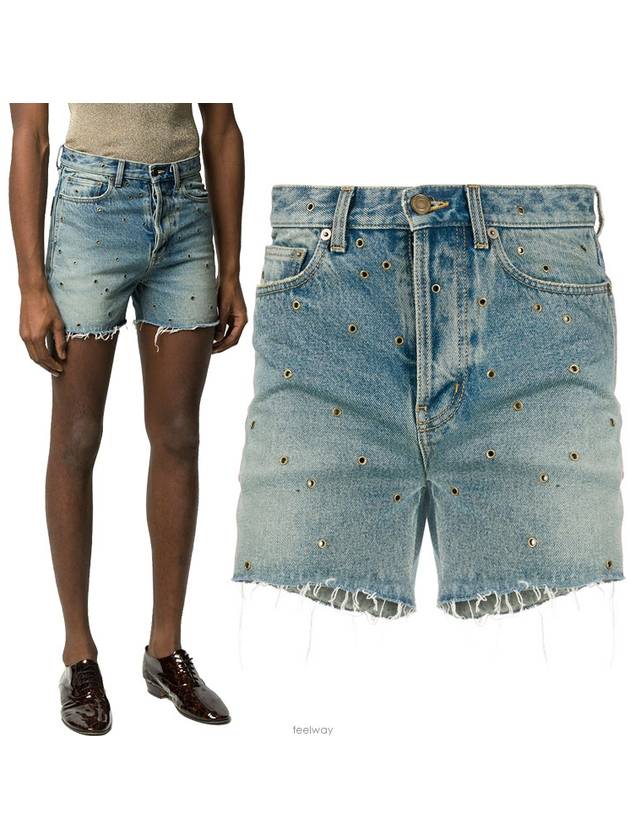 Luxury Saint Laurent Eyelet Stud Cotton Denim Shorts Blue