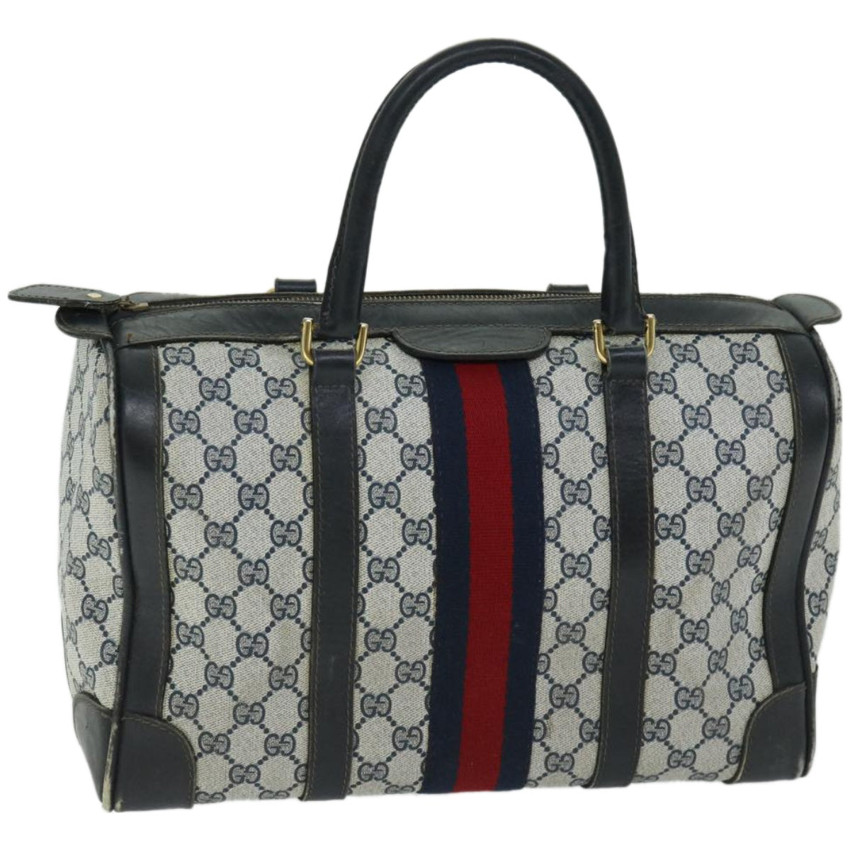 GUCCI GG Supreme Sherry Line Boston Bag PVC Navy Red  fm3263