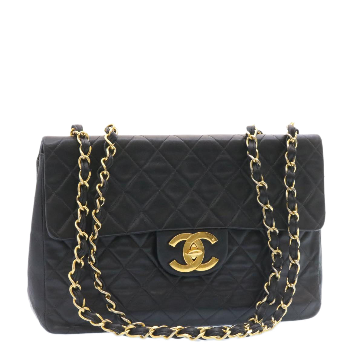 CHANEL Big Matelasse Flap Chain Shoulder Bag Lamb Skin Black Gold  am1276gA