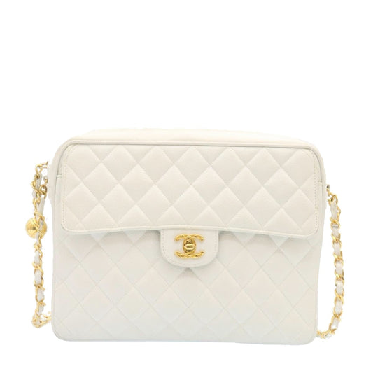 Luxury Chanel Matelasse Chain Shoulder Bag Caviar Skin Gold White CC  am1370gA