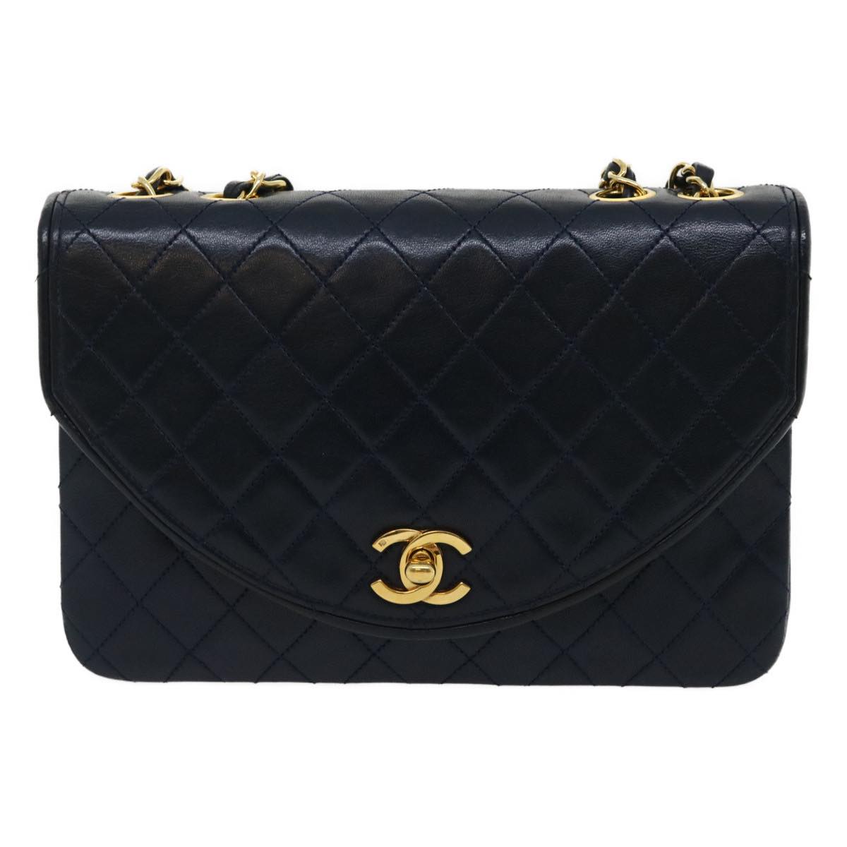 CHANEL Matelasse Chain Flap Shoulder Bag Lamb Skin Navy Gold CC  am2602gA
