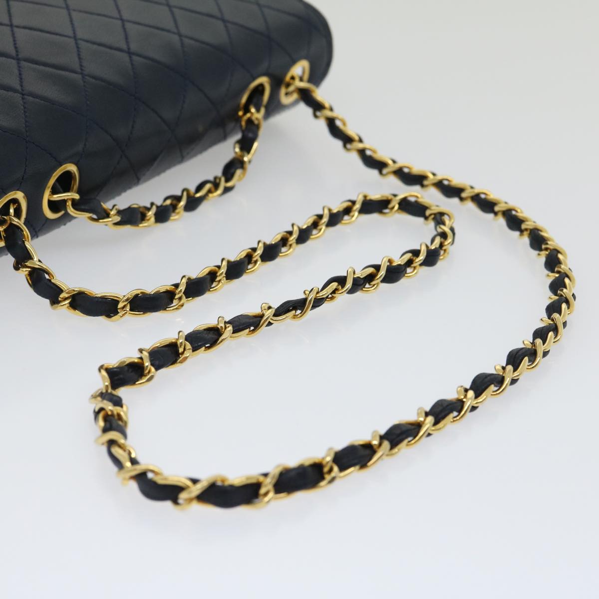 CHANEL Matelasse Chain Flap Shoulder Bag Lamb Skin Navy Gold CC  am2602gA