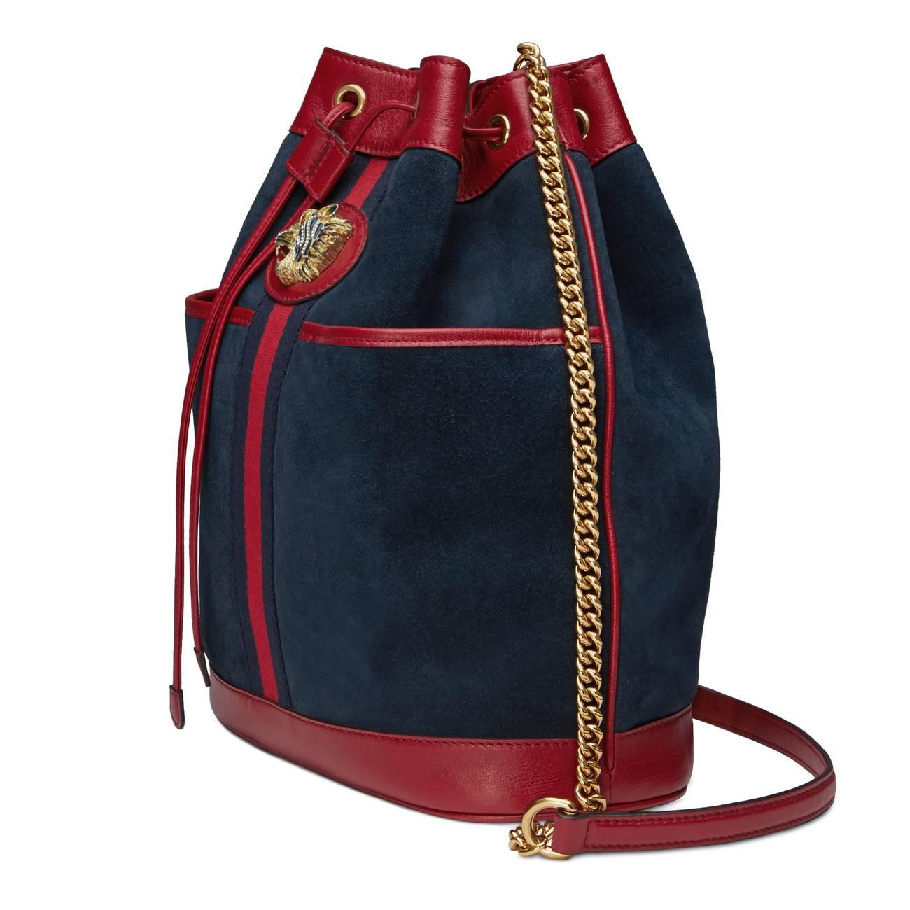 Luxury Gucci Trending 2025 Bucket Rajah Medium Suede Hobo Bag in Blue