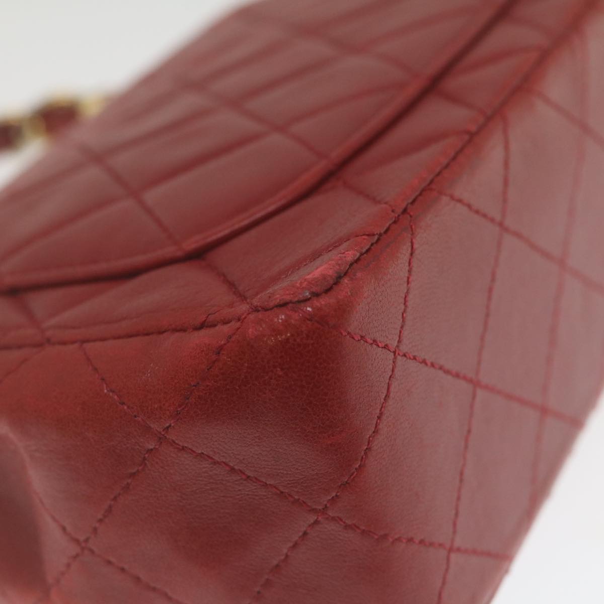 CHANEL Mini Matelasse Chain Flap Hand Bag Lamb Skin Red Gold CC  hs688A