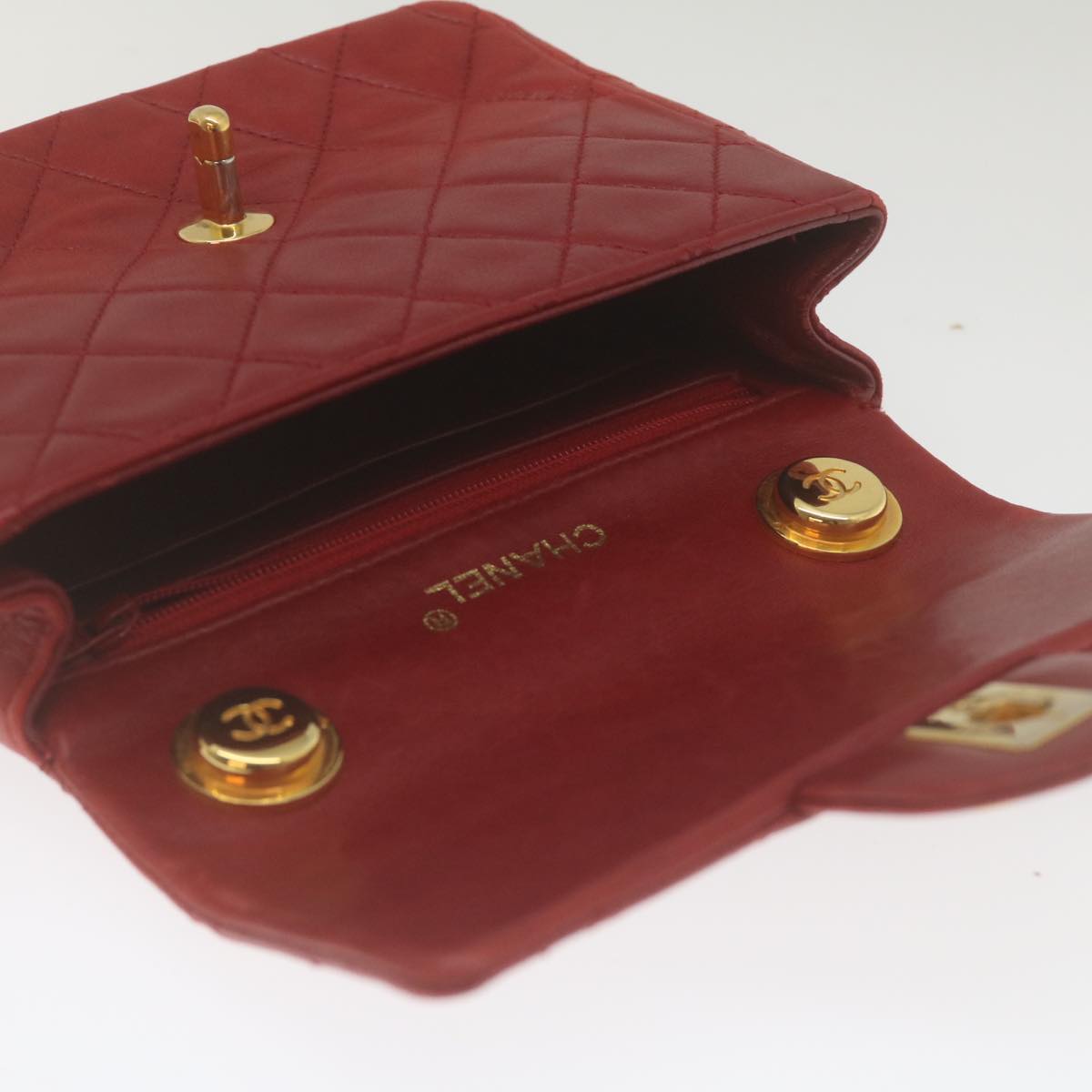 CHANEL Mini Matelasse Chain Flap Hand Bag Lamb Skin Red Gold CC  hs688A