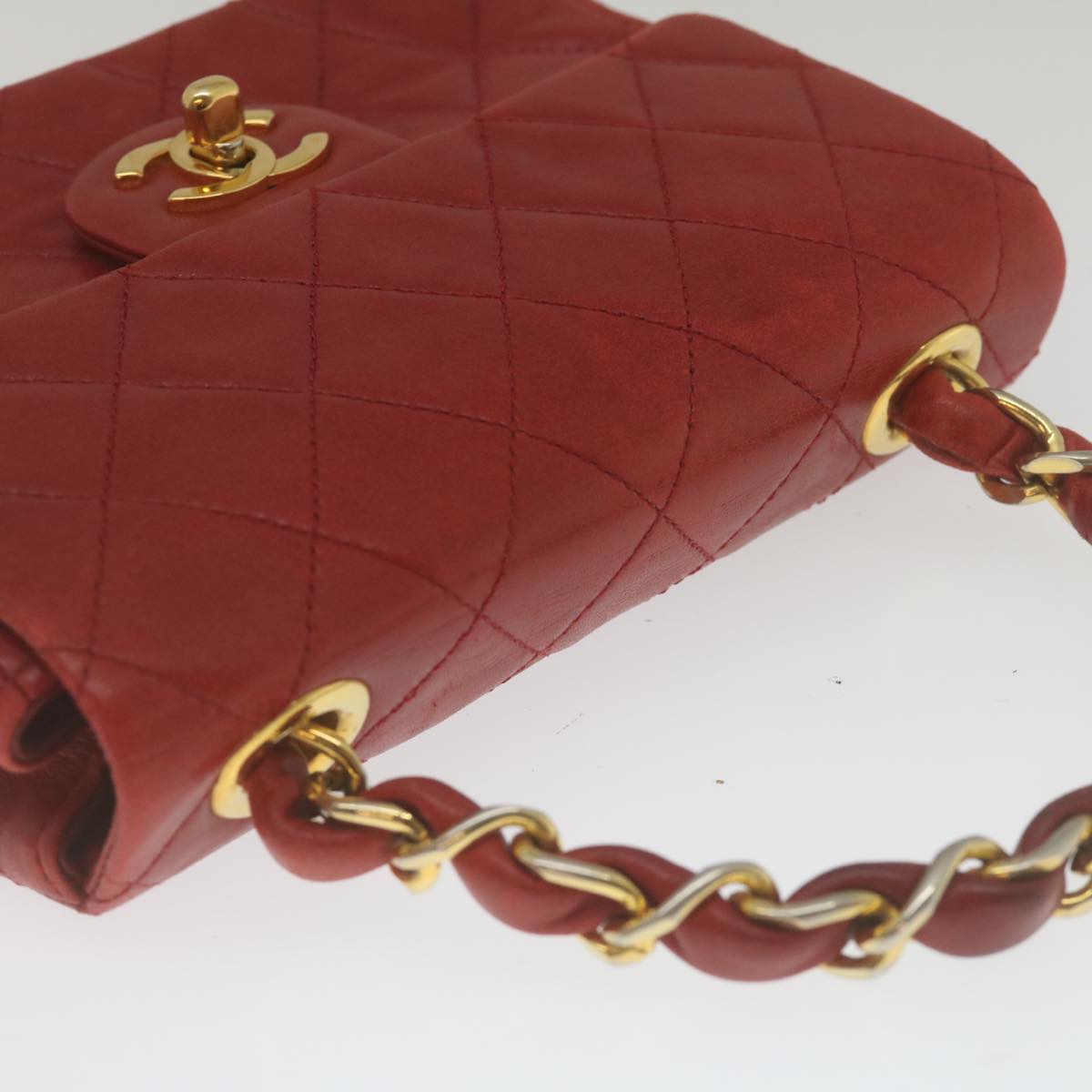 CHANEL Mini Matelasse Chain Flap Hand Bag Lamb Skin Red Gold CC  hs688A