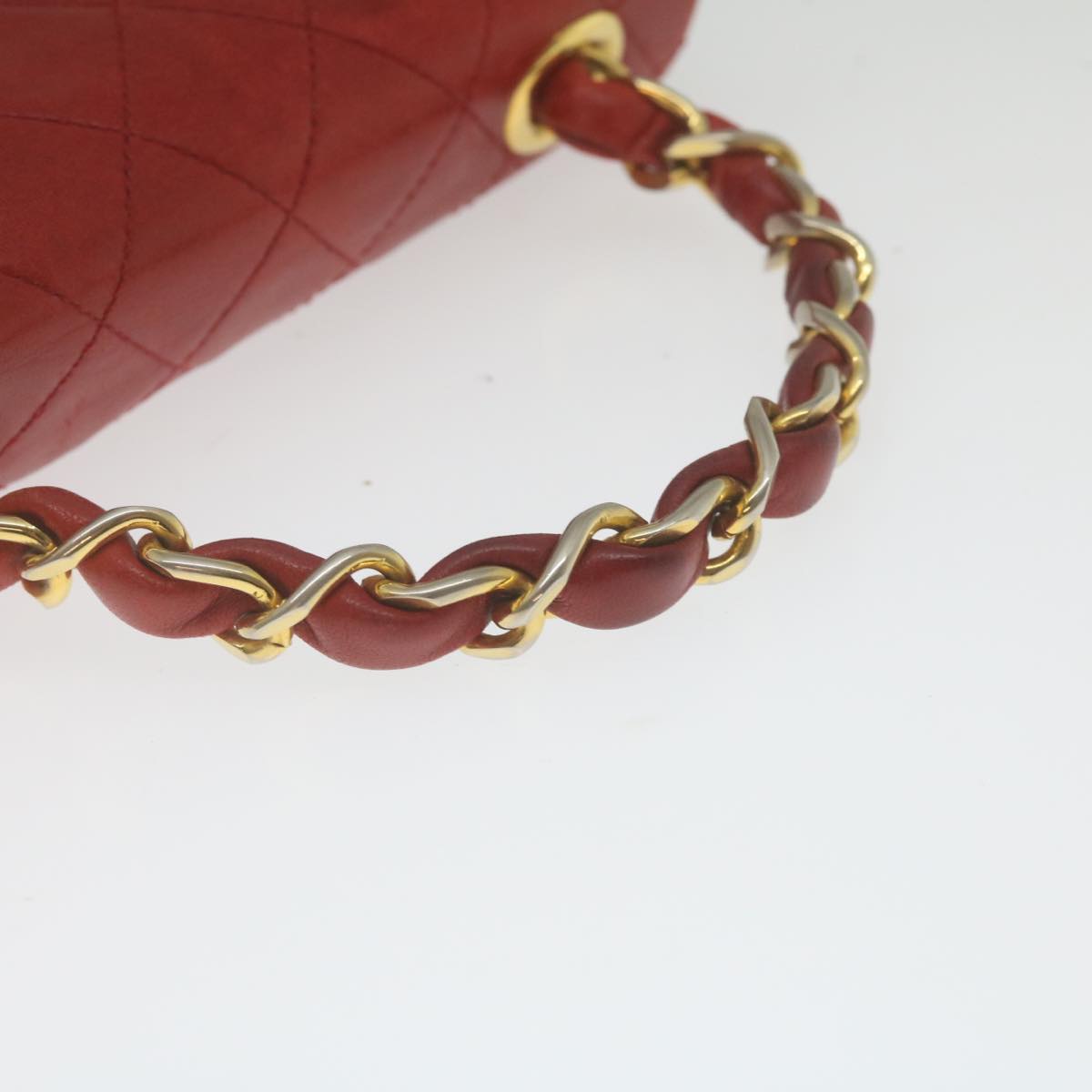 CHANEL Mini Matelasse Chain Flap Hand Bag Lamb Skin Red Gold CC  hs688A
