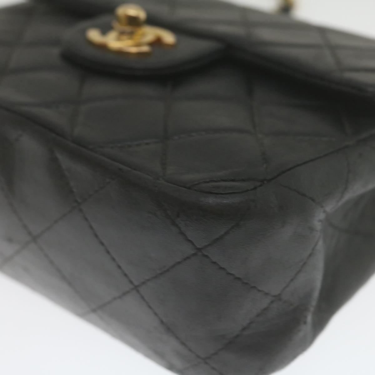 CHANEL Mini Matelasse Chain Flap Shoulder Bag Lamb Skin Black Gold  hs689A