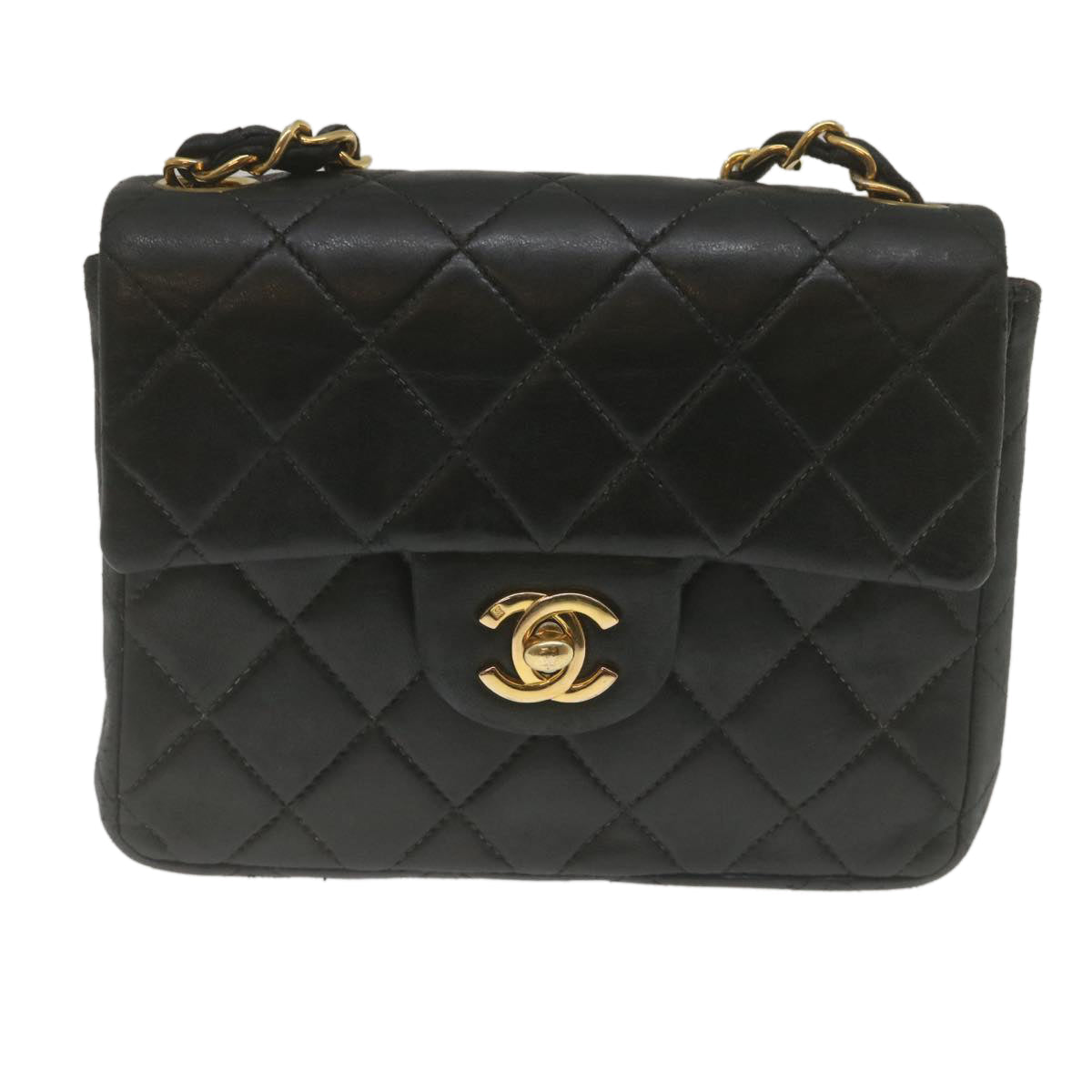 CHANEL Mini Matelasse Chain Flap Shoulder Bag Lamb Skin Black Gold  hs689A