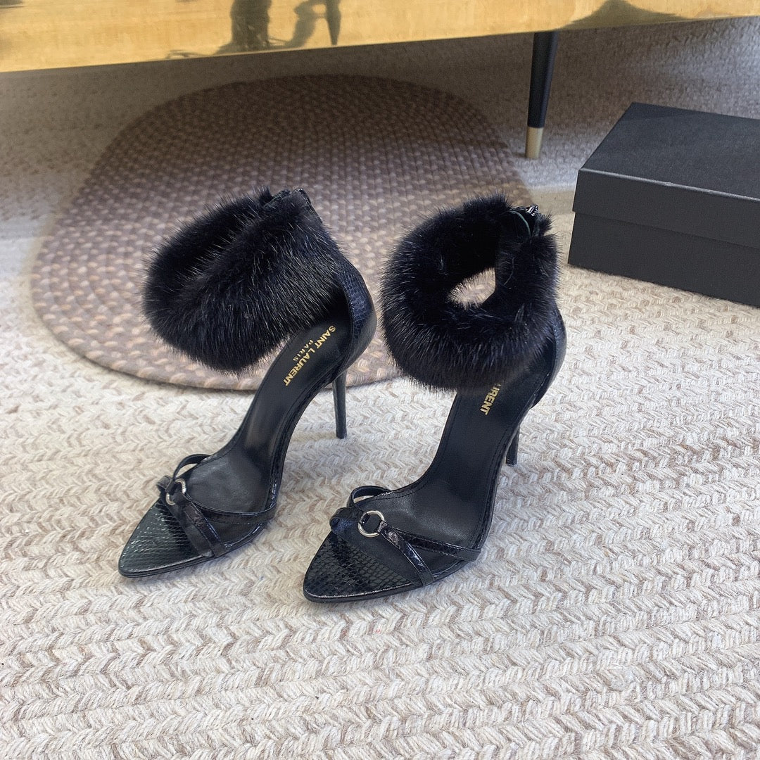 Luxury Saint Laurent HIGH HEEL SANDAL IN BLACK POLISHED CALFSKIN AND MINK FUR