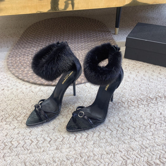 Luxury Saint Laurent HIGH HEEL SANDAL IN BLACK POLISHED CALFSKIN AND MINK FUR