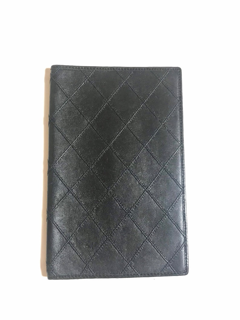 Luxury Chanel Vintage black stitched leather book cover, diary cover, checkbook case etc