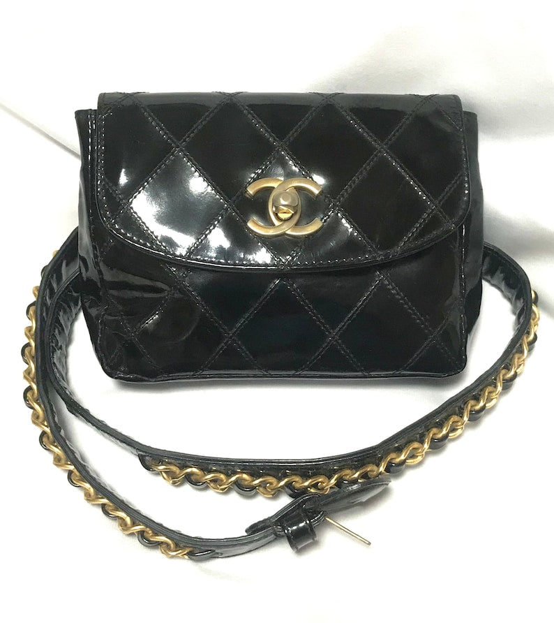 Luxury Chanel Vintage black patent enamel leather belt bag, fanny pack with matching belt