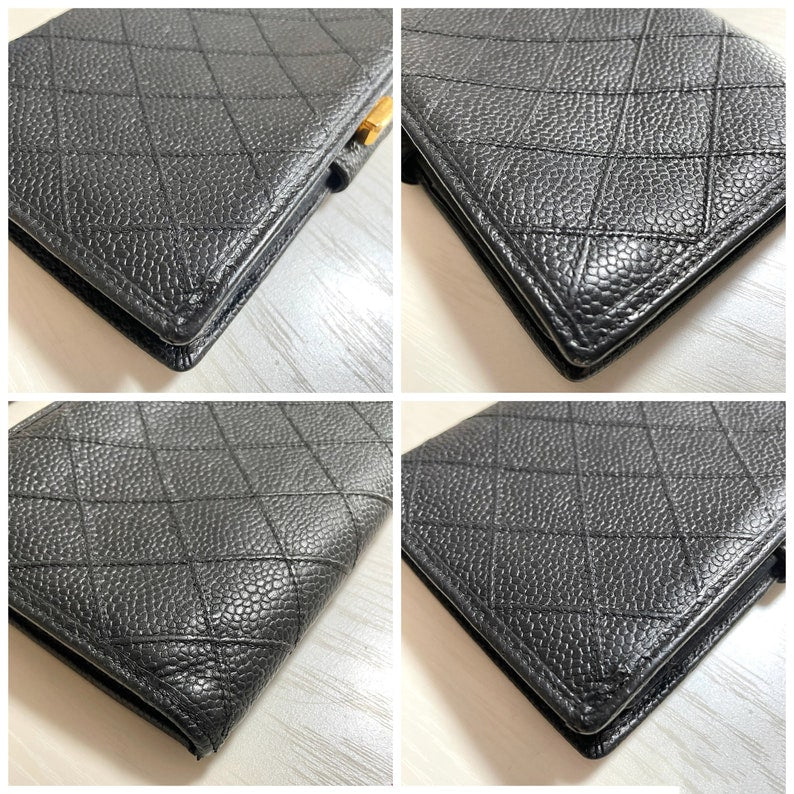 Luxury Chanel Vintage black caviar leather wallet with stitches and gold tone CC motif