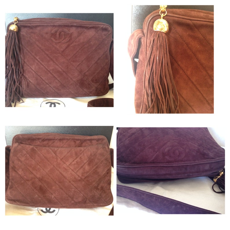 Luxury Chanel Vintage dark brown V stitch suede leather shoulder bag with CC stitch mark and long tassel