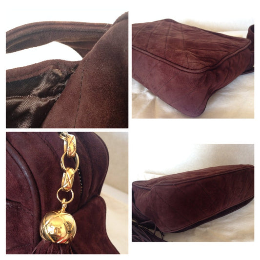 Luxury Chanel Vintage dark brown V stitch suede leather shoulder bag with CC stitch mark and long tassel