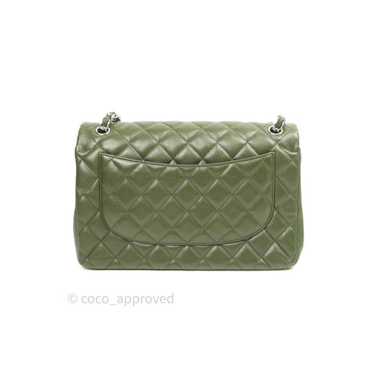 Chanel Classic Jumbo Double Flap Quilted Green Caviar Silver Hardware⁣⁣