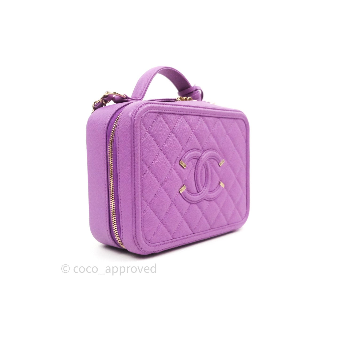 Chanel Quilted Medium CC Filigree Vanity Case Purple Caviar Gold Hardware
