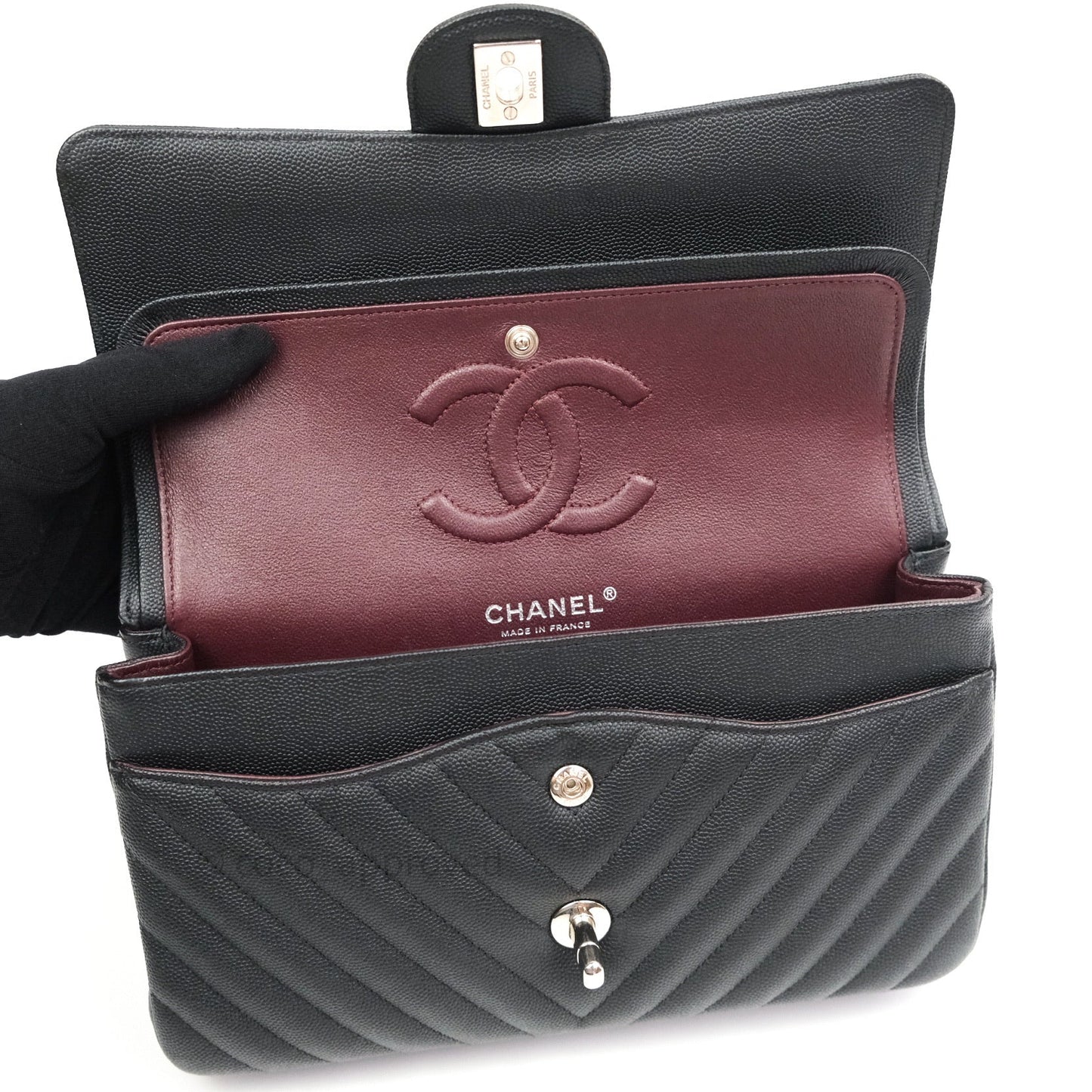 Chanel Classic M/L Chevron Black Caviar Silver Hardware