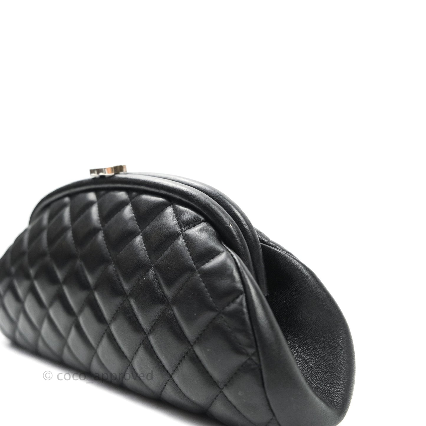 Chanel Quilted Timeless Kisslock Clutch Black Lambskin Silver Hardware