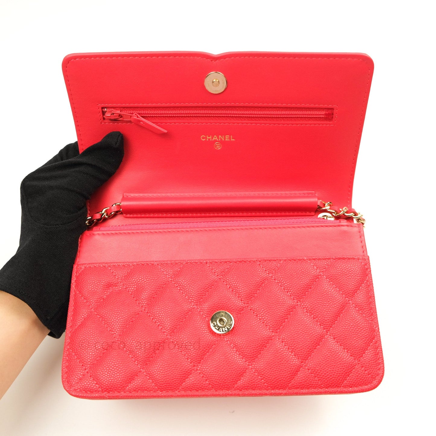 Chanel Filigree Wallet on Chain WOC Red Caviar Gold Hardware